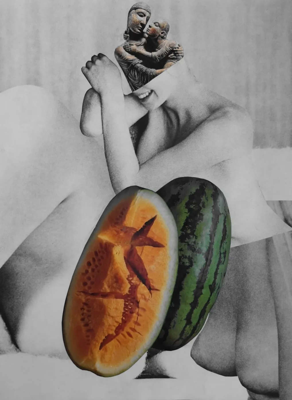 Collage — a seated figure in grey with a halved watermelon and melon laid across the body.