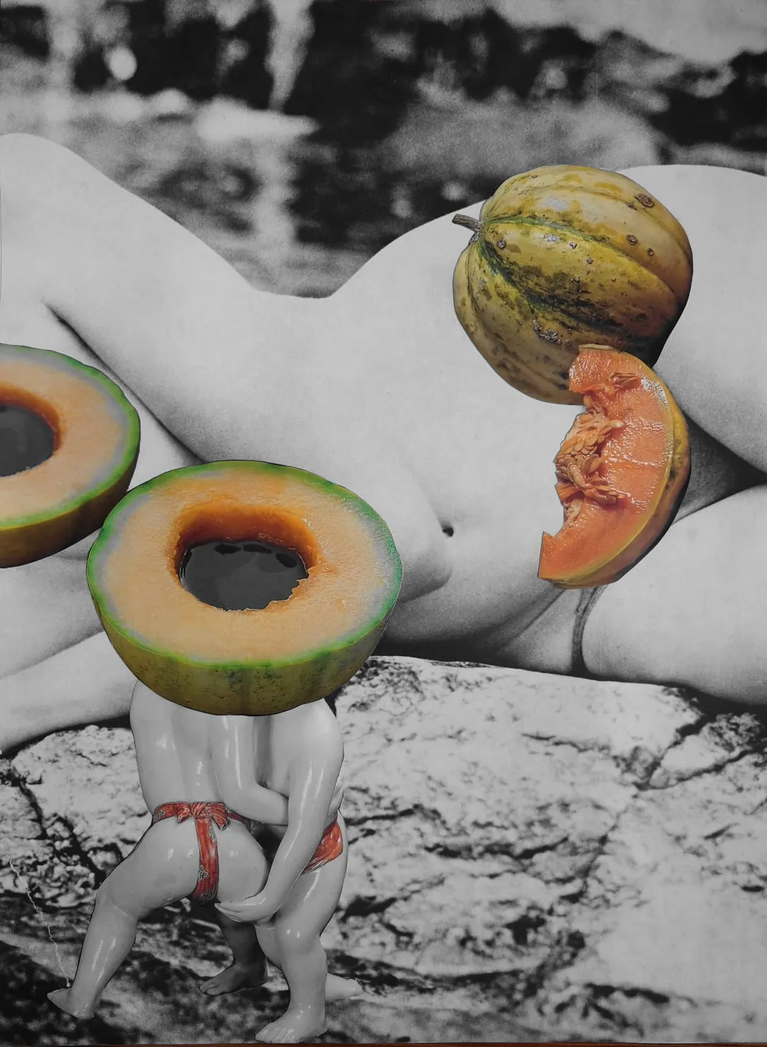 Collage — a reclining figure on rock in grey, melons opened and set along the length of the body.