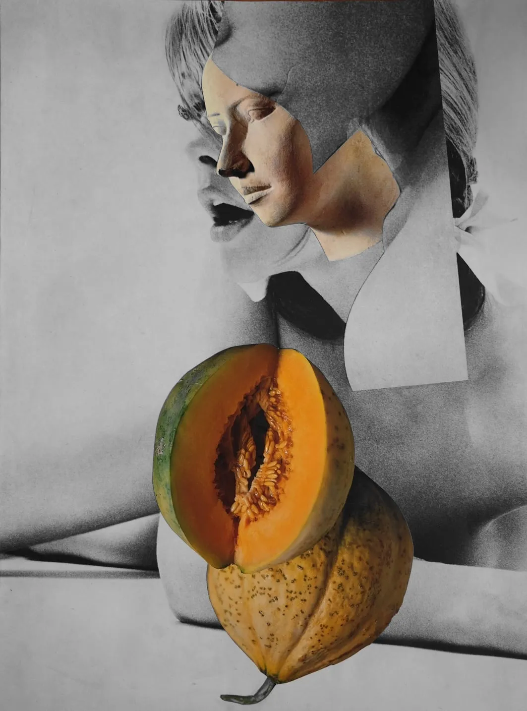 Collage — a face in profile, cut from grey photograph, with a halved cantaloupe where the body would be.