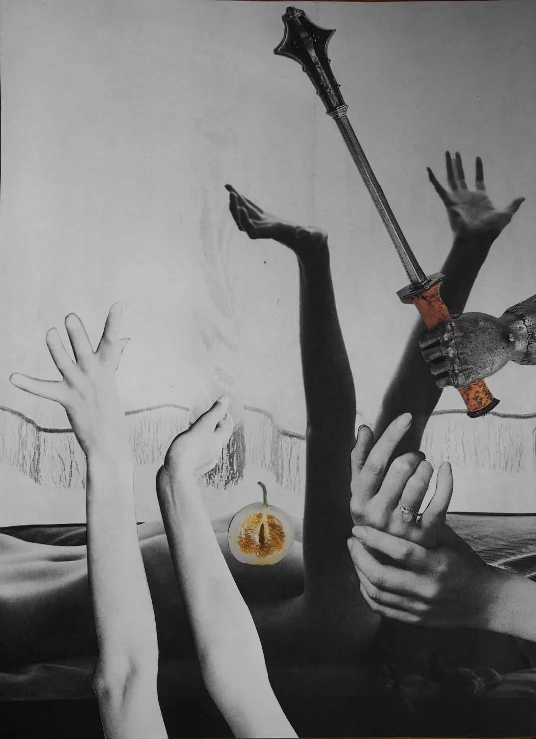 Collage — pale arms and open hands reaching across a grey ground, holding something small and lit.